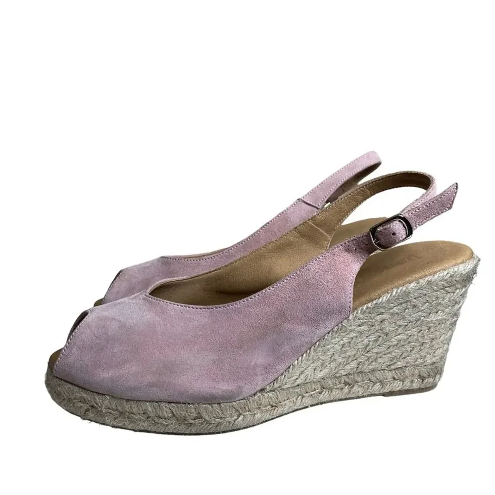 Paseart Pink Suede Leather Espadrille Wedges‎ Peep Toe Shoes Women's 40 US 10